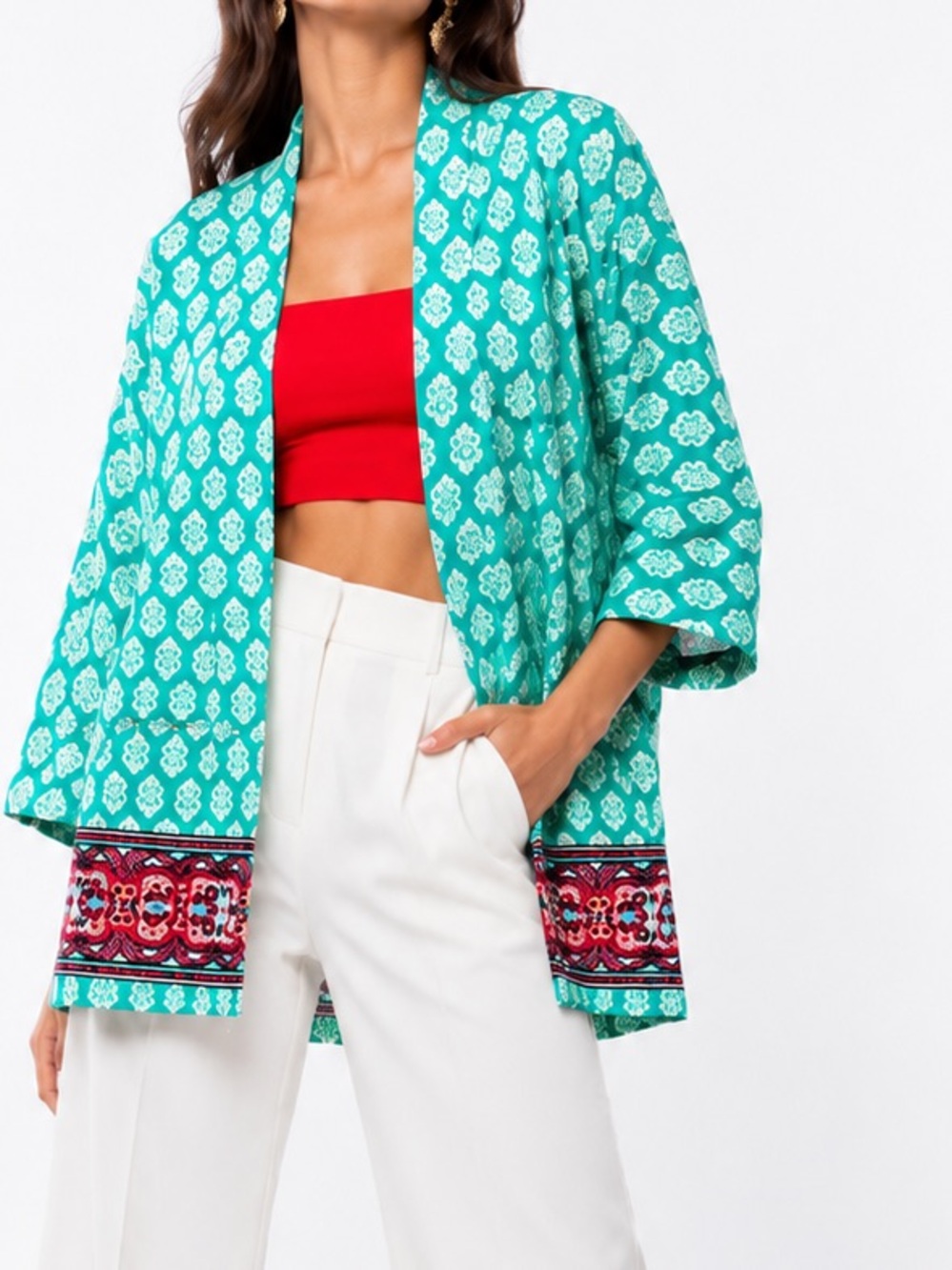 BOHO Turquoise Printed Open Kimono or Swim Coverup Wrap w Embroidered Hem